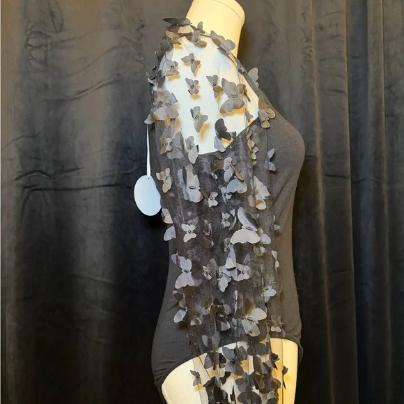 NWT - Black square-neck long-sleeve bodysuit with applique sheer sleeves. Size S - Picture 2 of 7